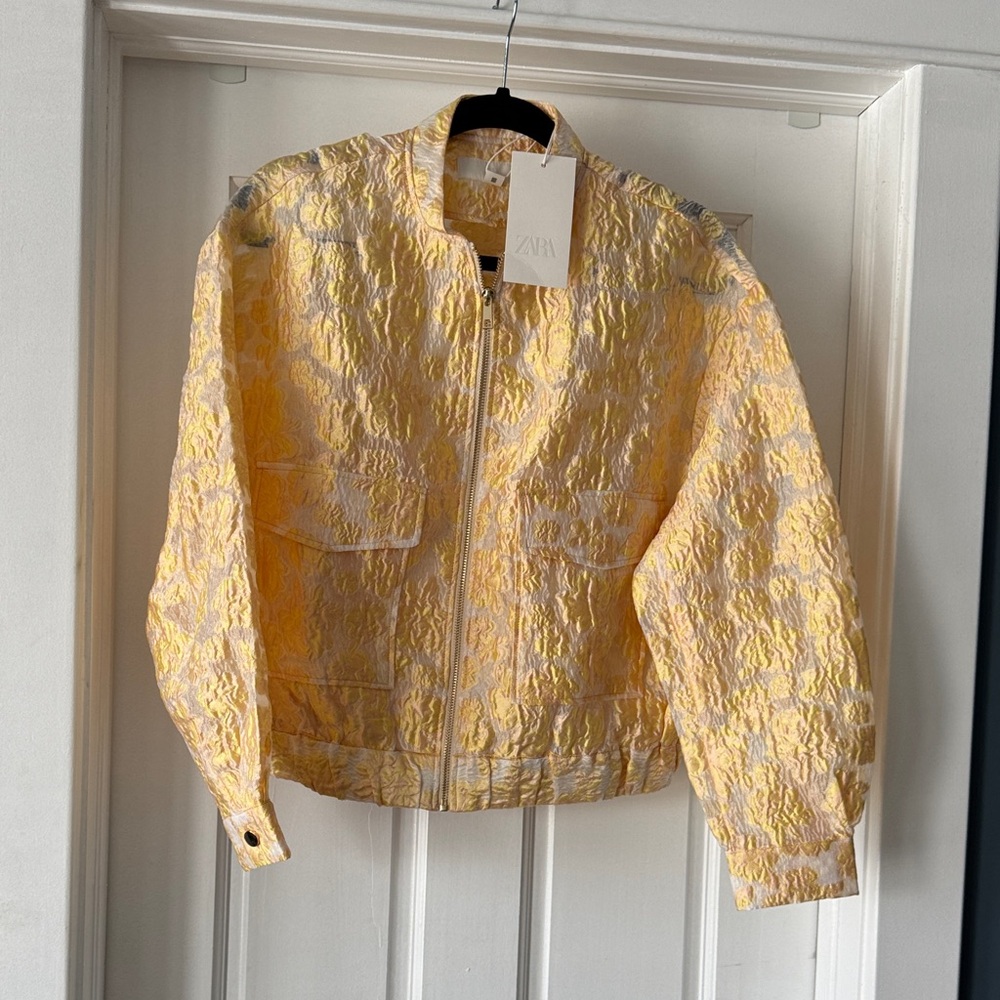 Zara Pale Yellow Textured Bomber Jacket